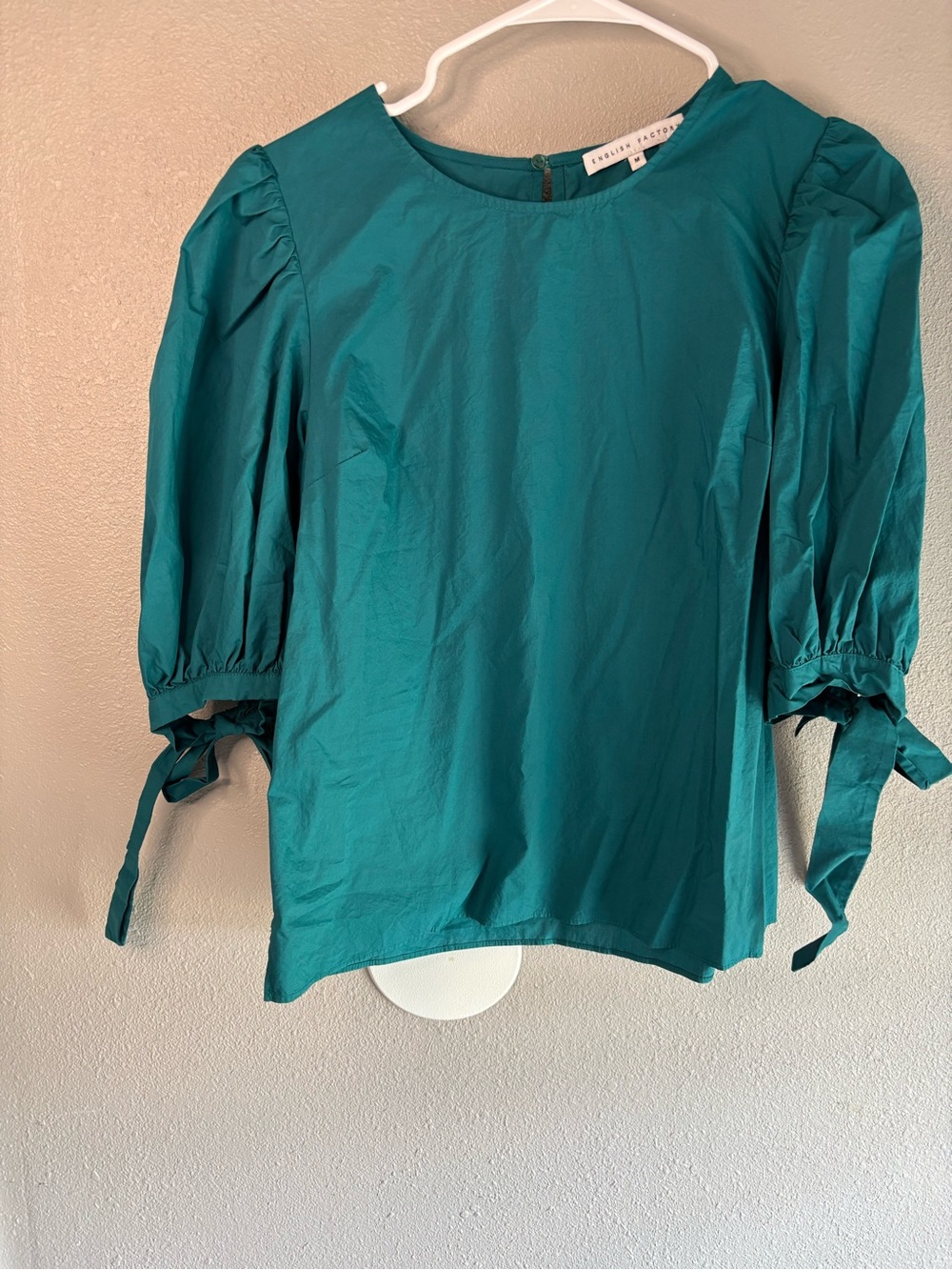 English Factory Teal Puff-Sleeve Tie Cuff Blouse